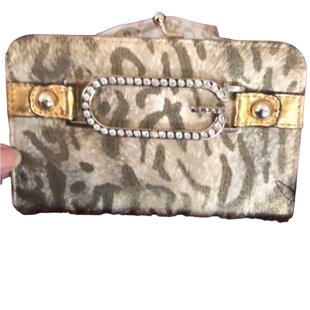 Guess gold metallic & animal print walllet clutch Rhinestone detail NIB